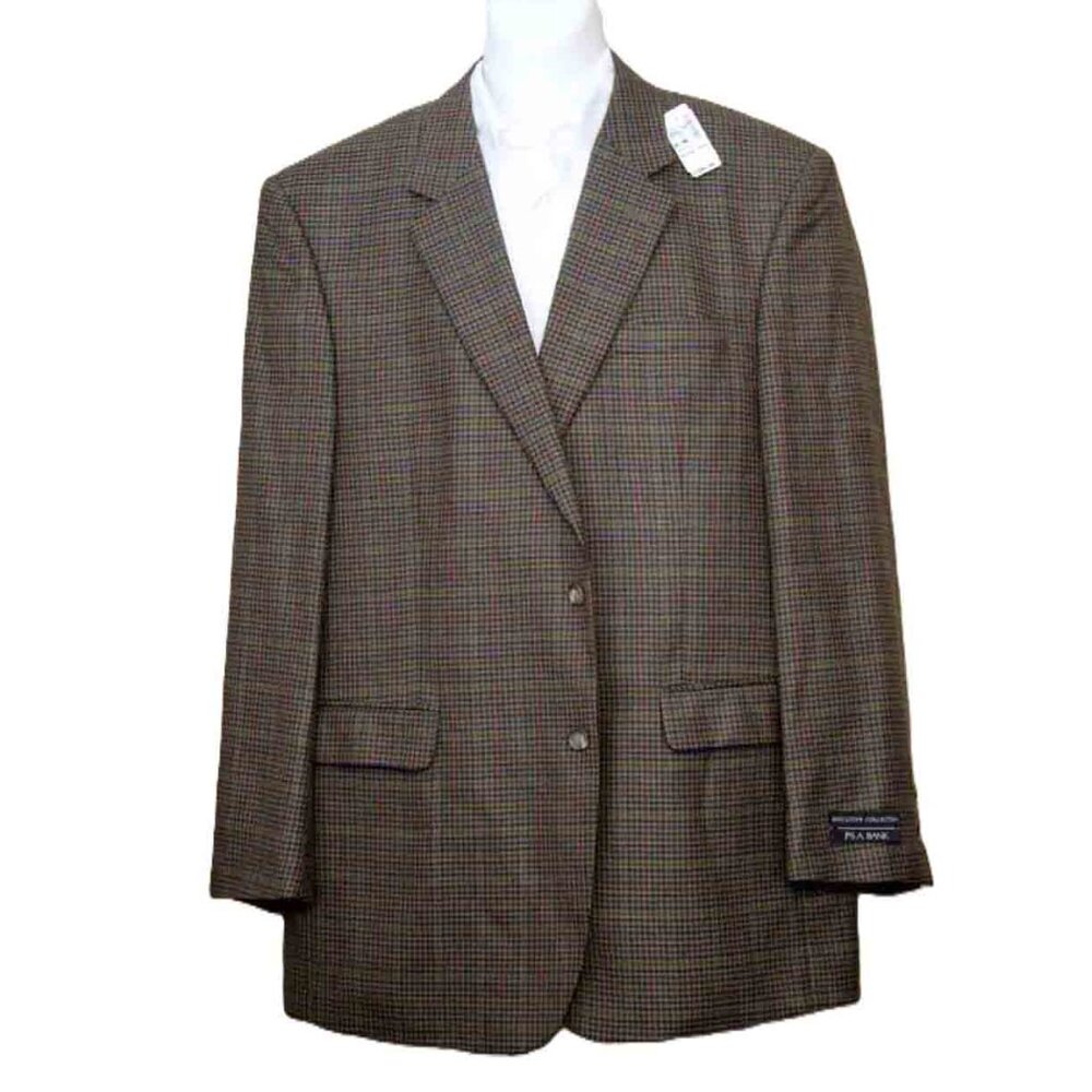 $395 Jos A Bank Wool Blazer Brown Olive Red Blue Check Pattern Men's Size 44L